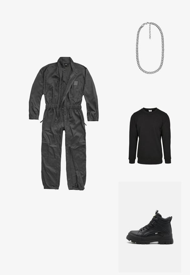 Combinaison noire à manches longues avec fermeture éclair frontale, taille et poignets élastiques, plusieurs poches zippées et col montant avec bouton-pression.; Sweat-shirt noir en mélange de coton. Comprend des manches longues, un col rond, ainsi que des poignets et un ourlet côtelés. Texture lisse, design minimaliste.; Baskets montantes noires en cuir texturé, dotées d'une semelle en caoutchouc épaisse, d'un laçage à l'avant et d'un petit logo sur le côté.; Collier chaîne curb ton argent avec fermoir mousqueton et chaîne d'extension réglable sur fond blanc.