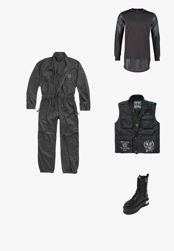 Combinaison noire à manches longues avec fermeture éclair frontale, taille et poignets élastiques, plusieurs poches zippées et col montant avec bouton-pression.; Gilet sans manches noir en tissu durable, doté de plusieurs poches sur le devant, d'une fermeture éclair et de motifs imprimés en blanc, y compris du texte et des graphiques.; Sweatshirt noir avec des manches en cuir et un ourlet noir brillant plus long. Possède un col rond et une coupe décontractée. Texture lisse dans l'ensemble.; Bottes de combat en cuir synthétique noir avec une plateforme épaisse, présentant un laçage à l'avant, une fermeture éclair et un accent métallique sur le talon.