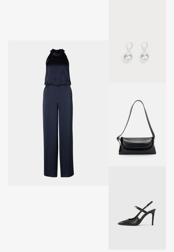 Tummansininen haalari, jossa on korkea kaulus ja hihaton muotoilu. Valmistettu sileästä kankaasta, jossa on leveät lahkeet ja rento istuvuus.; Mustat nahkaiset slingback-korkokengät terävällä kärjellä, leikkausaukkokuviolla ja säädettävällä remmillä, jossa metalliset yksityiskohdat.; Musta nahkainen käsilaukku, jossa on jämäkkä muoto, sileä pinta ja yksi olkahihna. Sisältää hienovaraisen, pyöristetyn läppädesignin.; Hopeakylkiset korvakorut, joissa on sileät, pyöreät ja heijastavat pinnat, riippuvat leuka-takaklipsuista. Tausta on yksinkertainen valkoinen.