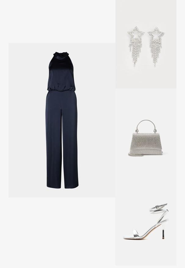 Marineblå jumpsuit med høj hals og ærmeløs design. Lavet af glat stof, med vide bukser og en afslappet pasform.; Sølv højhællet sandal med ankelremme og en tynd stilethæl, vist fra siden på en hvid baggrund.; ALDO FELISIA - Håndtasker - silver-coloured; Rhinestone stjerne øreringe med dryppende frynsedetaljer, præget af sølvfarve og en blank, reflekterende overflade. Stjernedesign med detaljeret udformning.