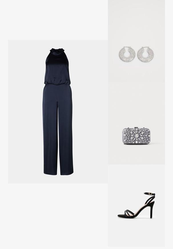 Marineblå jumpsuit med høj hals og ærmeløs design. Lavet af glat stof, med vide bukser og en afslappet pasform.; Anna Field Sandaler - black; Lille rektangulær mørkegrå clutch pyntet med klare rhinsten i et strålende mønster og en sølvkæde som strop.; Sølvøreringe med flere klare krystaludsmykninger, med en struktureret overflade og et åbent rundt design.
