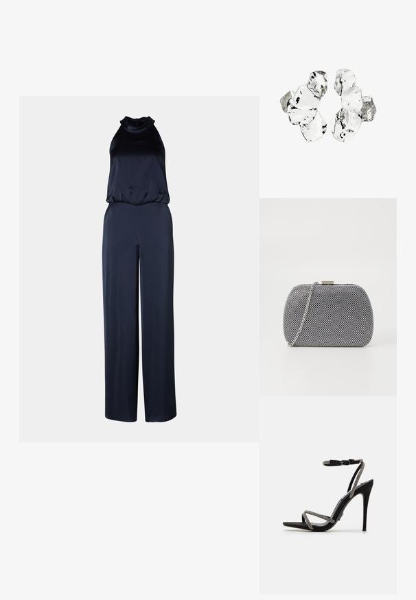 Marineblå jumpsuit med høj hals og ærmeløs design. Lavet af glat stof, med vide bukser og en afslappet pasform.; Sort højhælet sandal med tynde, udsmykkede stropper og spænde om anklen. Svart lædermateriale, åben tå og en slank, spids silhuet.; Sorte og hvide teksturerede clutch-taske med rund form, sølvfarvet kædetrækt, og en metalspænde på toppen.; Klynge af seks uregelmæssigt formede, gennemsigtige og reflekterende glaslignende stykker arrangeret på en hvid baggrund.