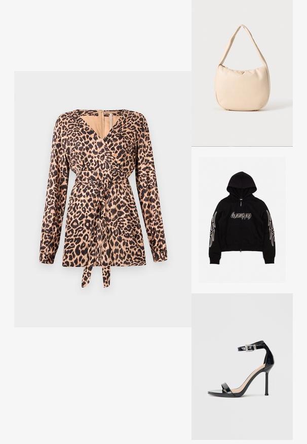 Leopardmønstret omslagstop med lange ærmer, der har en bindebånd i taljen, blød stoftekstur og dyb V-udskæring. Beige og sort farveskema.; Sort zip-up hoodie med en kengurulomme, trykt logo på brystet og tribal mønstre på ærmerne. Blødt stof og strækbare manchetter.; Sort højhælet sandal i laklæder med ankelrem. Har minimalistisk design, åben tå og spænde med rhinsten-detaljer.; Beige hobo taske lavet af glat syntetisk materiale, med en buet form, en enkelt håndtag og et diskret logo på forsiden. Lynlåslukning.
