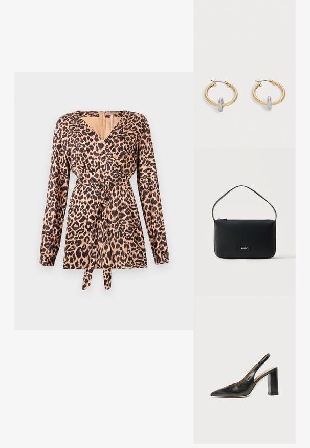 Leopardmønstret omslagstop med lange ærmer, der har en bindebånd i taljen, blød stoftekstur og dyb V-udskæring. Beige og sort farveskema.; Sort læder peep-toe slingback sko med høj blokhæl og beige indvendig foring mod en ensfarvet lys baggrund.; Sort rektangulær skuldertaske i læder med en lille guld "HUGO" logo-patch og en enkelt tynd rem.; Par guldtonede hoop øreringe med lille sølvfarvet loop-detalje på hver, vist mod lysegrå baggrund.