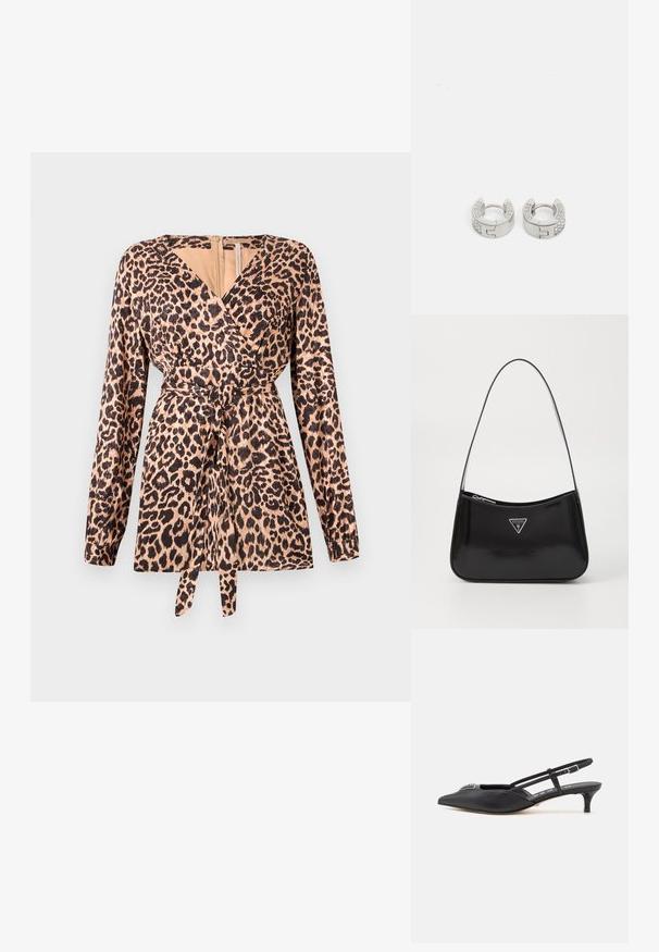 Leopardmønstret omslagstop med lange ærmer, der har en bindebånd i taljen, blød stoftekstur og dyb V-udskæring. Beige og sort farveskema.; Sorte slingback-sko med spids tå, lavet af glat materiale, med en lille hæl og en dekorativ sølvaccent på vamps.; Sort patenteret læder skuldertaske med en buet form, prydet med et sølvfarvet trekantet logo og en lynlås-lukning. Glat tekstur og slank rem.; Guess STYLISH - Øreringe - silver-coloured