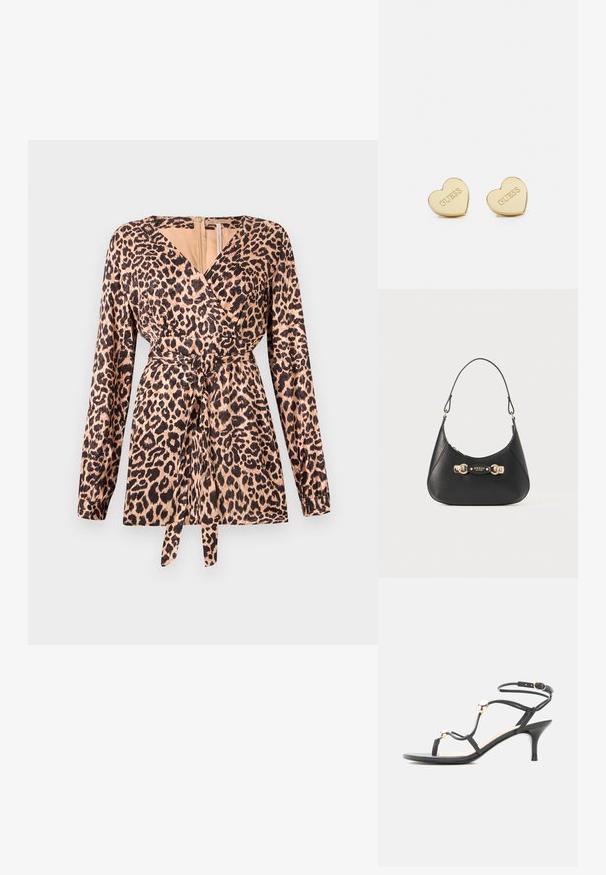 Leopardmønstret omslagstop med lange ærmer, der har en bindebånd i taljen, blød stoftekstur og dyb V-udskæring. Beige og sort farveskema.; Sort midhæl sandal med stropper, guld accenter perler og ankelrem med spænde på hvid baggrund.; Sort læderhåndtaske med en buet silhuet, der har en top-håndtag, guldfarvet hardware og en logoplade på forsiden. Glat tekstur.; Guld hjerteformede øreringe med en poleret finish, præget "GUESS"-logo og glat tekstur. Enkel design, velegnet til forskellige anledninger.