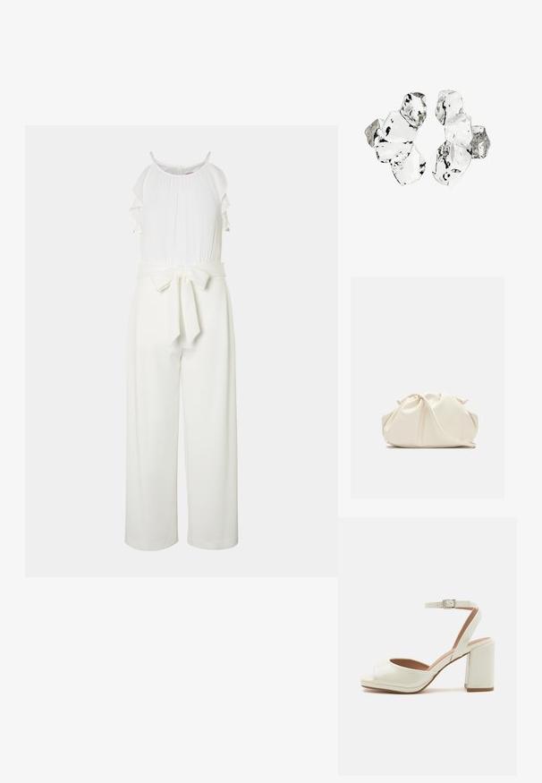 Hvid jumpsuit med rynket halsudskæring og bred ben-design, med et stofbælte bundet i taljen. Glat tekstur og elegant silhuet.; Hvide åbne hælesandaler med en blank overflade, justerbar ankelrem og firkantet blokhæl. Glat struktur og minimalistisk design.; Blød, cremefarvet læder clutch taske med samlet, rynket design og en tynd skulderrem, der hviler foran på en ensfarvet baggrund.; Klynge af seks uregelmæssigt formede, gennemsigtige og reflekterende glaslignende stykker arrangeret på en hvid baggrund.