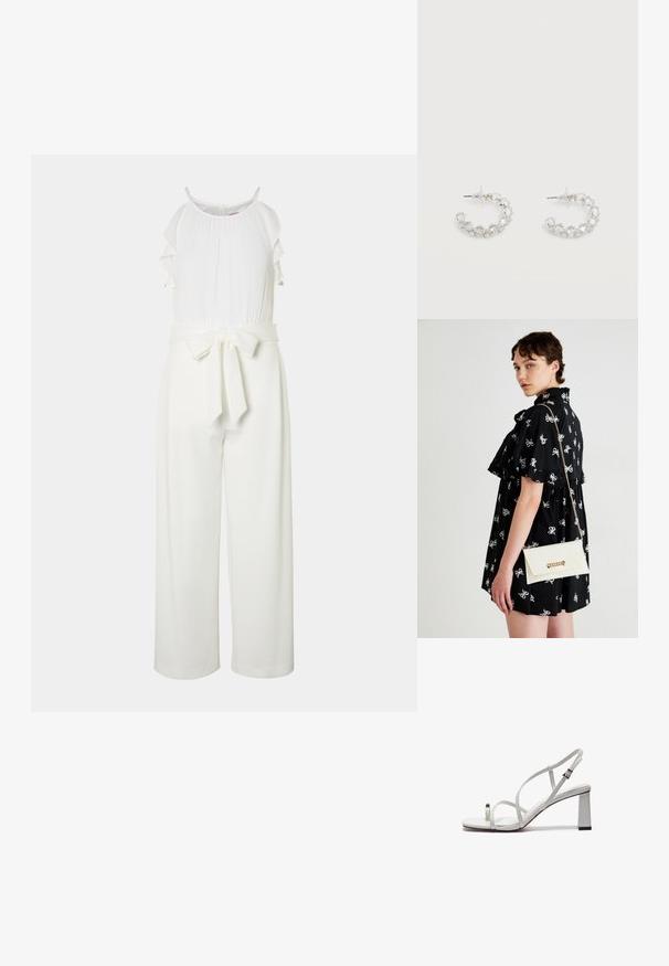 Combinaison blanche avec un col froncé et un design à jambes larges, dotée d'une ceinture en tissu nouée à la taille. Texture lisse et silhouette élégante.; Sandale blanche à brides avec une lanière plate au niveau des orteils, un talon bloc et une bride réglable à la cheville avec une boucle métallique.; Robe noire avec des motifs de nœuds blancs, manches courtes, volants aux épaules. Pochette blanche avec chaîne en or et fermoir, tenue dans la main droite.; Boucles d'oreilles anneaux en argent incrustées de cristaux facettés clairs, avec attaches à tige et embouts transparents sur fond blanc.