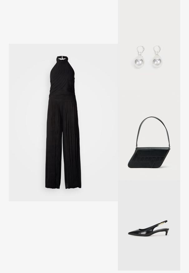 Combinaison noire avec un col halter, texture plissée et design à jambes larges. Fabriquée dans un matériau léger, idéale pour les occasions formelles.; Talons hauts en cuir noir avec un bout pointu, dotés d'un talon fin et d'un accent en ton or sur la lanière réglable. Texture lisse.; Sac d'épaule en cuir noir de forme triangulaire, avec un logo embossé et une seule bandoulière réglable. Design minimaliste avec une texture lisse.; Boucles d'oreilles en argent en forme de goutte avec des surfaces lisses, rondes et réfléchissantes, suspendues à des fermoirs à ressort. L'arrière-plan est blanc uni.