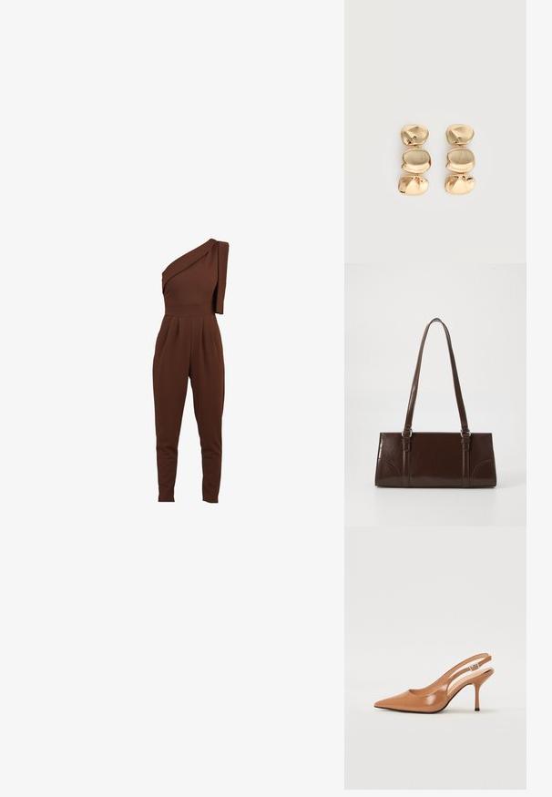 Bruin een-schouder jumpsuit met gedrapeerd textiel detail, taps toelopende benen en geplooid voorpand. Gemaakt van een zachte, elastische stof.; Puntige slingback hak in een glad, glanzend beige materiaal. Bevat een gebogen uitsnijdontwerp en een slanke stiletto hak. Zilveren gesp detail.; Bruine lakleren handtas met een rechthoekige vorm, twee lange handvatten en subtiele gebogen accenten aan de voorkant.; Oorbellen in goudkleur met drie onregelmatige, gladde, afgeronde segmenten die verticaal opgestapeld zijn op een egale lichte achtergrond.