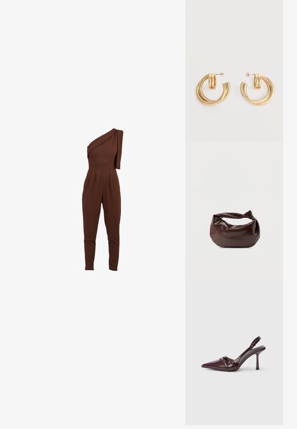 Jumpsuit brun à une épaule avec un détail de tissu drapé, jambes fuselées et devant plissé. Fabriqué à partir d'un matériau doux et extensible.; Escarpin slingback en cuir verni bordeaux avec bout pointu, fine bride à la cheville et petit détail décoratif de boucle. Texture lisse et talon haut.; Sac bandoulière en cuir marron foncé avec une forme souple et décontractée et une anse nouée torsadée sur un fond blanc uni.; Paire de boucles d'oreilles créoles doubles en or brillant avec attaches à tige sur fond blanc.