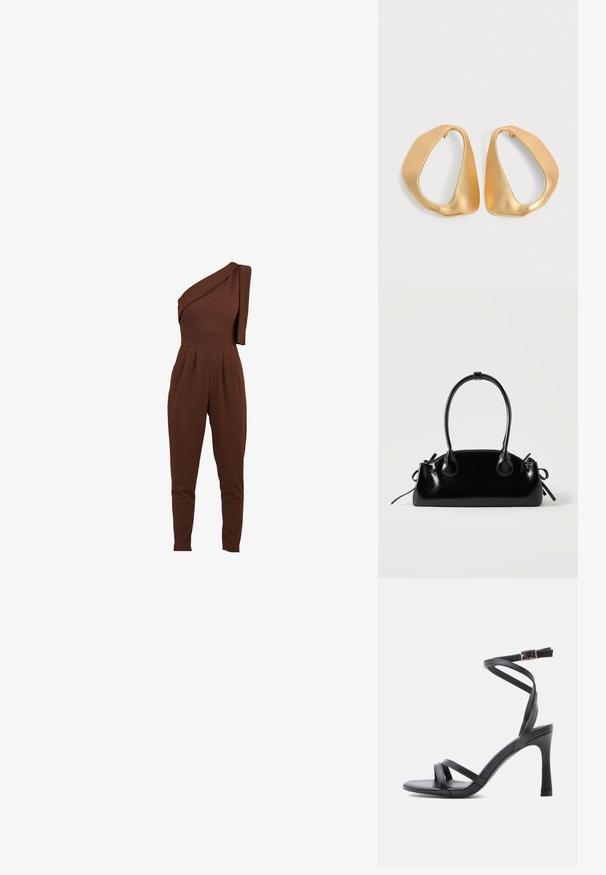 Brun en-skulder jumpsuit med draperet stofdetalje, tapered ben og plisseret front. Fremstillet af et blødt, strækbart materiale.; Sorte højhælede sandaler med et elegant design, der har to smalle remme hen over tåen og en krydsrem omkring anklen med en spænde.; Lille sort blank håndtaske med to lange håndtag og snøre-detaljer i siden på en ensfarvet lys baggrund.; Par af uregelmæssige, asymmetriske gyldne hoop-øreringe med en glat, mat finish på en neutral baggrund.