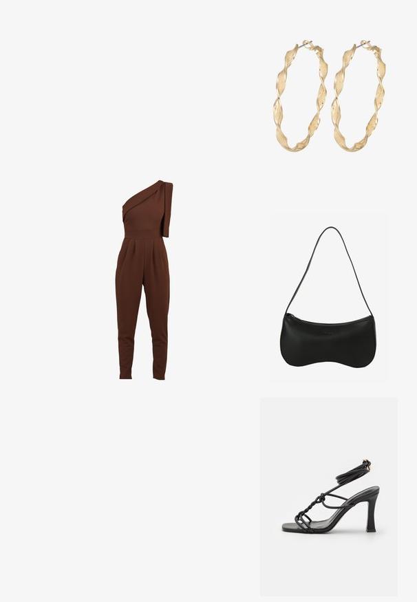 Brun en-skulder jumpsuit med draperet stofdetalje, tapered ben og plisseret front. Fremstillet af et blødt, strækbart materiale.; DeeZee Højhælede sandaletter / Højhælede sandaler - black; Sort skuldertaske i læder med buet form, lynlås og enkelt tynd skulderrem; glat tekstur og diskret præget logodetalje.; Guldtonede snoede hoop øreringe med en tekstureret overflade og en sikker lås. Designet har svungne mønstre, der skaber dybde.