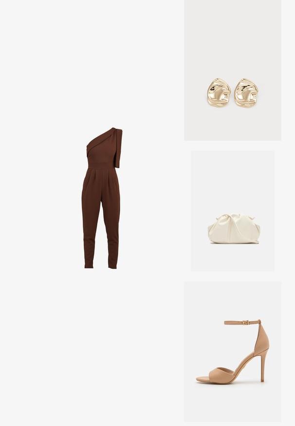 Jumpsuit brun à une épaule avec un détail de tissu drapé, jambes fuselées et devant plissé. Fabriqué à partir d'un matériau doux et extensible.; ALDO CRERIDE PILLOW WALK - Sandales - beige; Pochette en cuir souple couleur crème avec un design froncé et une fine bandoulière reposant à l’avant sur un fond uni.; Boucles d'oreilles en métal doré en forme d'ergots, présentant un design irrégulier et lisse avec une surface réfléchissante et des bords ondulés. Sans embellissements supplémentaires.