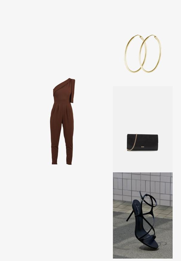 Bruin een-schouder jumpsuit met gedrapeerd textiel detail, taps toelopende benen en geplooid voorpand. Gemaakt van een zachte, elastische stof.; Zwarte hoge hak sandaal met dunne bandjes en enkelriem, rechtop geplaatst op grijs trottoir bij een achtergrond van betegelde muur.; Zwarte clutch tas gemaakt van suede met een textuurafwerking, voorzien van een gouden schouderband en een strakke, hoekige vorm.; Gouden hoop oorringen met een glad, rond ontwerp en een glanzende afwerking. Lichtgewicht constructie met een stevige sluiting.