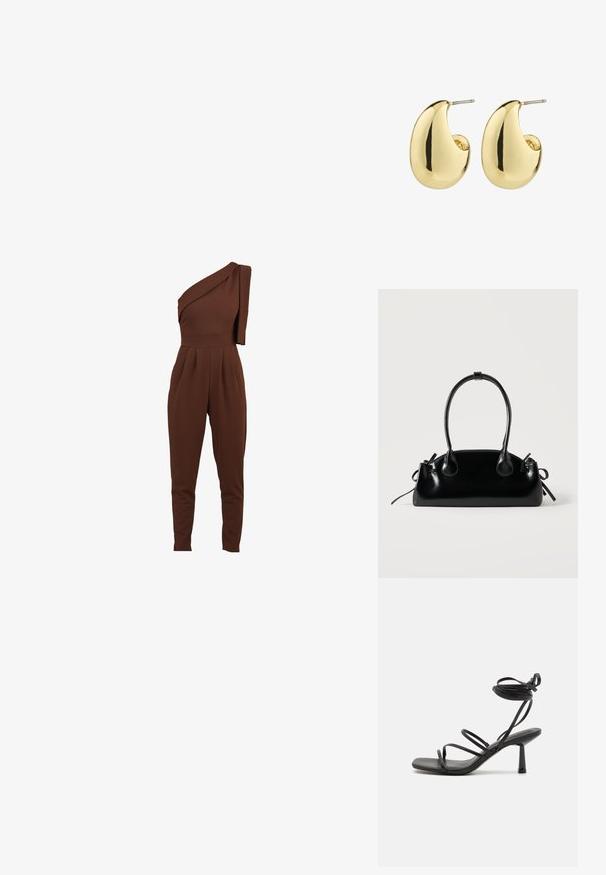 Brun en-skulder jumpsuit med draperet stofdetalje, tapered ben og plisseret front. Fremstillet af et blødt, strækbart materiale.; Sort strappy sandal med firkantet tå, justerbare ankelbind og en slank, blokhæl. Fremstillet af et glat, holdbart materiale.; Lille sort blank håndtaske med to lange håndtag og snøre-detaljer i siden på en ensfarvet lys baggrund.; Guldtonede studøreringe med en glat, poleret overflade i en abstrakt, tårnform. Simple metalpind til fastgørelse.
