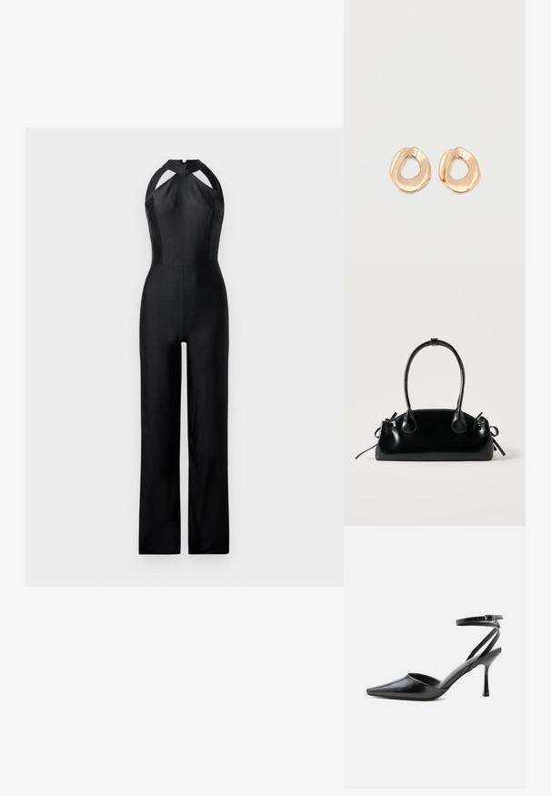 Jumpsuit noir avec un col halter, présentant des découpes, un buste ajusté et une silhouette à jambes larges. Fabriqué en tissu lisse et extensible.; Escarpin noir à bout pointu avec fines brides de cheville et fermeture à boucle argentée sur fond clair uni.; Petit sac à main noir brillant avec deux longues anses et des détails à cordon sur les côtés sur un fond clair uni.; Paired boucles d'oreilles en métal doré poli de forme irrégulière avec un centre ouvert sur un fond blanc uni.