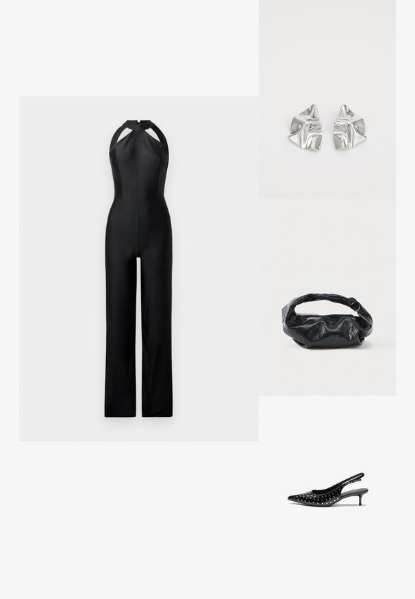 Jumpsuit noir avec un col halter, présentant des découpes, un buste ajusté et une silhouette à jambes larges. Fabriqué en tissu lisse et extensible.; Talons aiguilles noires en cuir avec un bout pointu et un petit talon. Décorées de clous métalliques le long du dessus pour une texture supplémentaire.; Sac noir en matériau texturé et brillant avec une poignée circulaire torsadée et une fermeture éclair. Présente un design doux et froissé.; Boucles d'oreilles en métal argenté avec un design ondulé et sculptural, présentant une finition polie et des formes irrégulières, mettant en valeur une esthétique contemporaine.