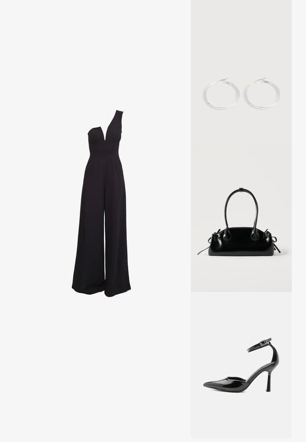 Schwarzer Jumpsuit mit einem einseitigen Design, tiefem V-Ausschnitt, weiten Beinen und einem taillierten Oberteil. Hergestellt aus einem glatten, dehnbaren Stoff.; Schwarzer Lackleder-Pumps mit spitzer Zehenpartie, Knöchelriemen und silberner Schnalle, Stilettoabsatz, Seitenansicht auf einfarbigem Hintergrund.; Kleine schwarze glänzende Handtasche mit zwei langen Griffen und seitlichen Kordelzug-Details vor einfachem hellem Hintergrund.; Paar glänzende silberne Creolen mit dünnen Drahtverschlüssen, dargestellt vor einem hellgrauen Hintergrund.