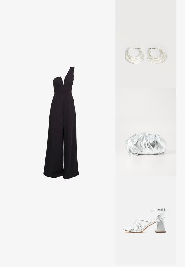 Schwarzer Jumpsuit mit einem einseitigen Design, tiefem V-Ausschnitt, weiten Beinen und einem taillierten Oberteil. Hergestellt aus einem glatten, dehnbaren Stoff.; Silberne Riemchensandale mit Blockabsatz und verstellbarem Knöchelriemen, offene Zehenpartie und glatte Sohle auf weißem Hintergrund.; Metallisch silberne Clutch-Tasche mit einem weichen, gerafften Körper und einem dünnen Schultergurt. Sie verfügt über eine glatte, glänzende Textur und eine abgerundete Form.; Silberne Creolen mit drei geschichteten halbkreisförmigen Bändern, eines davon verziert mit kleinen klaren Kristallen auf hellem Hintergrund.