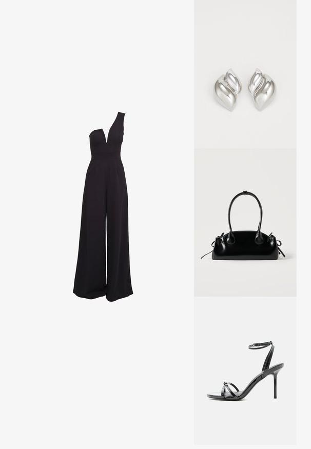 Schwarzer Jumpsuit mit einem einseitigen Design, tiefem V-Ausschnitt, weiten Beinen und einem taillierten Oberteil. Hergestellt aus einem glatten, dehnbaren Stoff.; Schwarze Sandale aus Lackleder mit hohen Absätzen, dünnen Riemen über den Zehen und einem Knöchelriemen mit Schnalle auf weißem Hintergrund.; Kleine schwarze glänzende Handtasche mit zwei langen Griffen und seitlichen Kordelzug-Details vor einfachem hellem Hintergrund.; Silberne Ohrringe mit einer organischen, abstrakten Form. Glatte, glänzende Oberfläche mit einem konischen Design. Mit dezenten Kurven und einem zentralen Linienelement.