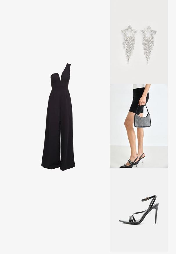 Sort jumpsuit med én skulder, dyb V-hals, brede bukser og en tætsiddende overdel. Lavet af et glat, strækbart stof.; Sort højhælet sandal med tynde remme over tæerne og anklen, med en gylden spænde på en slank stilet-hæl.; Sort perlehandtaske med en buet silhuet, bærehåndtag og blank overflade. Båret med højhælede sorte sko og tætsiddende sorte shorts.; Rhinestone stjerne øreringe med dryppende frynsedetaljer, præget af sølvfarve og en blank, reflekterende overflade. Stjernedesign med detaljeret udformning.