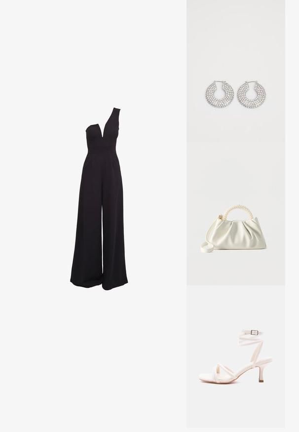 Schwarzer Jumpsuit mit einem einseitigen Design, tiefem V-Ausschnitt, weiten Beinen und einem taillierten Oberteil. Hergestellt aus einem glatten, dehnbaren Stoff.; Weiße Sandale mit Absatz, vorne mit Riemchen, einem um den Knöchel wickelbaren Riemen mit Schnalle und einem schlanken, mittelhohen Absatz vor schlichtem Hintergrund.; Kleine weiße Handtasche mit gerafftem Körper, rundem Griff, verziert mit Perlen, und abnehmbarem Schulterriemen auf einfarbigem Hintergrund.; Silberne Creolen, verziert mit mehreren klaren Kristallverzierungselementen, mit einer strukturierten Oberfläche und einem offenen, kreisförmigen Design.