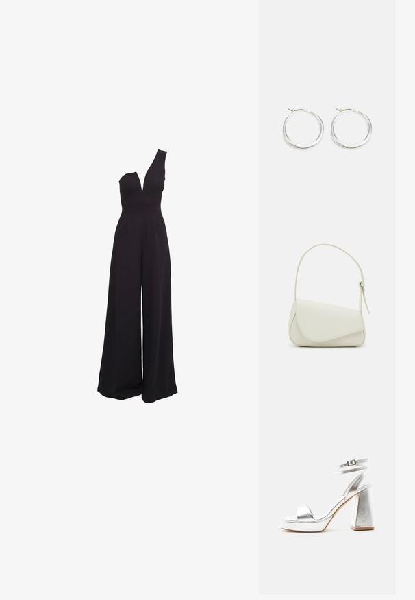 Sort jumpsuit med én skulder, dyb V-hals, brede bukser og en tætsiddende overdel. Lavet af et glat, strækbart stof.; Sølv metallic højhælet sandal med ankelrem, blokhæl og åben tå på en ensartet lys baggrund.; Hvid taske i faux læder med en struktureret trekantet form, enkelt justerbart skulderstrop og en flaplås med kurver.; Sølv hoops øreringe har et glat, afrundet design med en slank profil og sikker spænde. Minimalistisk stil med en poleret finish.
