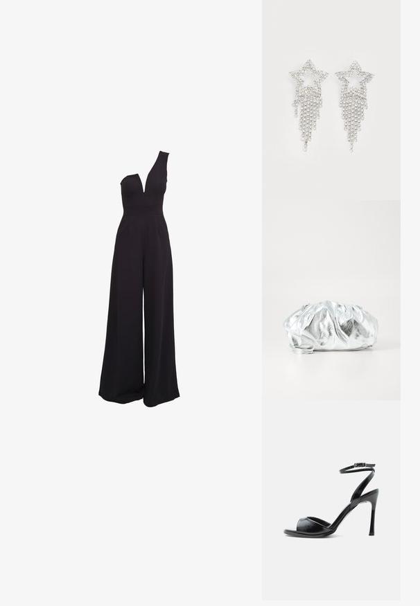 Sort jumpsuit med én skulder, dyb V-hals, brede bukser og en tætsiddende overdel. Lavet af et glat, strækbart stof.; Sort højhælet sandal med åben tå, tynd stilethæl og ankelrem med spænde på hvid baggrund.; Metallisk sølv clutch taske med en blød, samlet krop og en tynd skulderrem. Har en glat, skinnende overflade og rund form.; Rhinestone stjerne øreringe med dryppende frynsedetaljer, præget af sølvfarve og en blank, reflekterende overflade. Stjernedesign med detaljeret udformning.