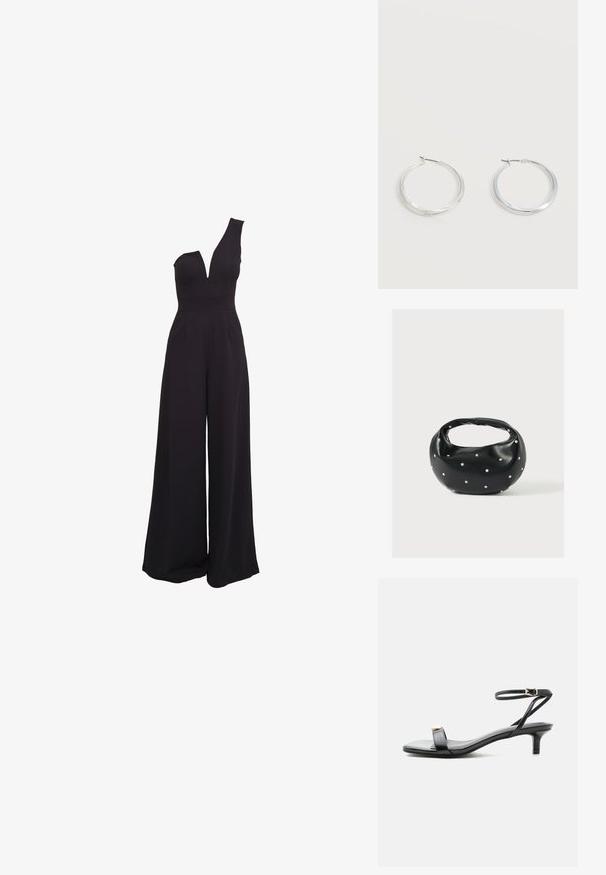 Schwarzer Jumpsuit mit einem einseitigen Design, tiefem V-Ausschnitt, weiten Beinen und einem taillierten Oberteil. Hergestellt aus einem glatten, dehnbaren Stoff.; Schwarze Leder-Sandalette mit offenem Zehenbereich, niedrigem Kitten-Heel, dünnem Knöchelriemen mit goldfarbener Schnalle und dekorativem goldfarbenem Akzent am vorderen Riemen.; Schwarze Lederhandtasche mit abgerundeter Form, verziert mit silbernen Nietenakzenten und kurzem Griff. Glatte Struktur und Reißverschlussverschluss.; Silberne Metallcreolen mit glatter, leicht gebogener Oberfläche und Klappverschluss vor schlicht weißem Hintergrund.