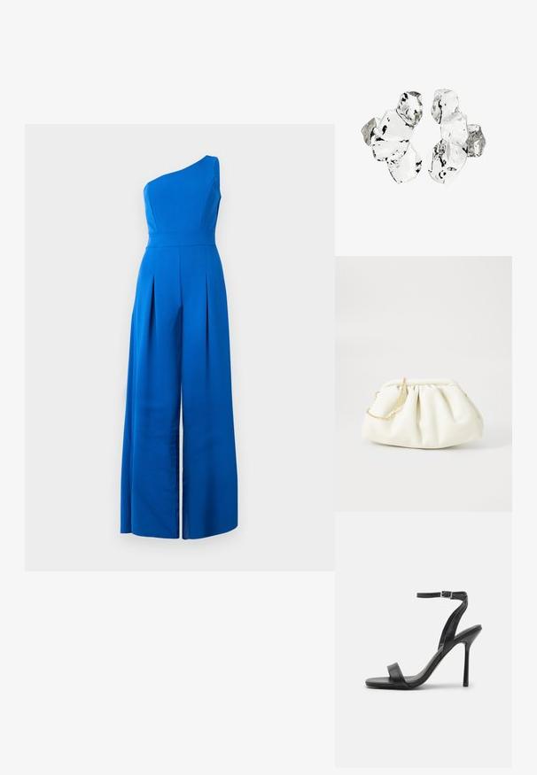 En-shoulder blå jumpsuit med en tætsiddende bodice, brede plisserede bukser og glat tekstur. Fremstillet af et let stof.; Sort højhælet sandal med en slank ankelrem og to forreste bånd. Lavet af glat læder med en slank spids tå og stilettohæl.; Hvid læderhåndtaske med en samlede design, forsynet med en guldkæde-strop og en rund form. Glat tekstur med bløde folder og ingen mønstre.; Klynge af seks uregelmæssigt formede, gennemsigtige og reflekterende glaslignende stykker arrangeret på en hvid baggrund.