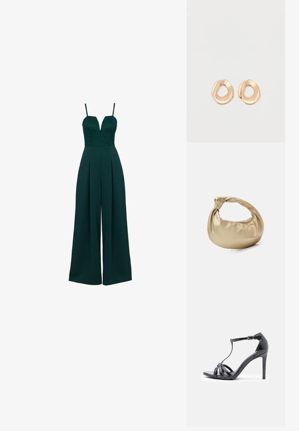 Combinaison sans manches vert foncé avec corsage en dentelle, décolleté profond en V, bretelles fines et pantalons à jambes larges.; Sandale à talons hauts en cuir verni noir avec des fines lanières, design en T, fermeture à boucle et silhouette élégante et courbée.; Sac à main en métal doré avec une texture lisse et brillante. Il possède une anse nouée et une forme arrondie et douce. Fermeture zippée sur le dessus.; Paired boucles d'oreilles en métal doré poli de forme irrégulière avec un centre ouvert sur un fond blanc uni.