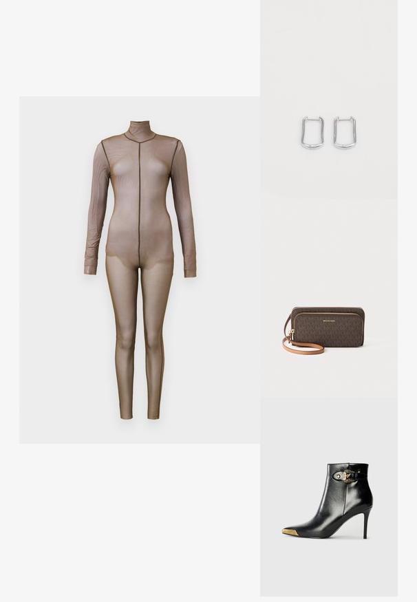 Bruine gaas bodysuit met lange mouwen en een hoge hals. Heeft een naadloos ontwerp met een aansluitende silhouet en minimale stikseldetails.; Zwarte enkellaars van glanzend leer met een spits toelopende neus, naaldhak en goudkleurige sierhardware met een decoratieve gespdetail.; Bruine portemonnee met een patroon, met een ritssluiting, gouden hardware en een afneembare tan schouderband. Bevat het "MICHAEL KORS" logo aan de voorkant.; Zilveren metalen hoepeloorbellen met een rechthoekige vorm en licht afgeronde hoeken, met een gladde textuur en een eenvoudig, minimalistisch ontwerp.