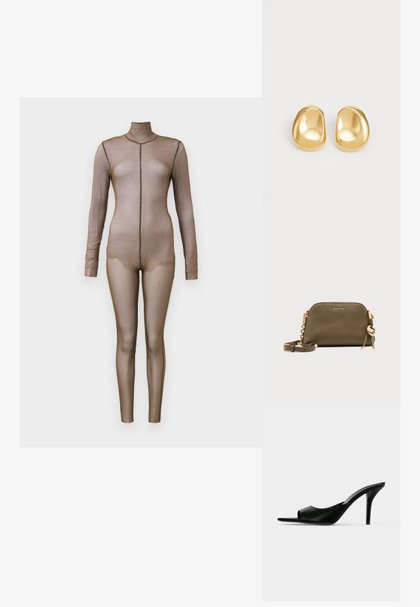 Brauner Mesh-Body mit langen Ärmeln und einem Mockneck. Verfügt über ein nahtloses Design mit einer figurbetonten Silhouette und minimalen Nähten.; Schwarzer Leder-Pantolette mit offenem Zehenbereich und hohem, schlankem Stiletto-Absatz, im Seitenprofil vor neutralem Hintergrund gezeigt.; Olivgrüne Leather-Michael-Kors-Crossbody-Tasche mit goldener Kettenriemen, goldenem Logoanhänger und kleinem geprägtem Markennamen auf der Vorderseite.; Goldfarbene Ohrstecker mit einer glatten, runden Form und einer reflektierenden Oberfläche, die ein minimalistisches Design ohne sichtbare Muster zeigen.