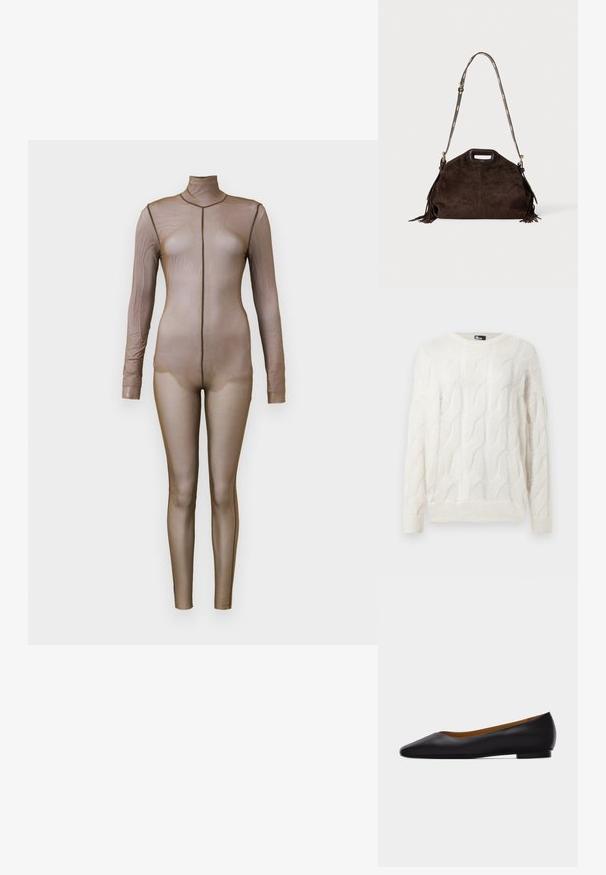Bruine gaas bodysuit met lange mouwen en een hoge hals. Heeft een naadloos ontwerp met een aansluitende silhouet en minimale stikseldetails.; Witte gebreide trui met een kabelbreipatroon, ronde halslijn en lange mouwen. De textuur lijkt zacht en licht transparant.; Zwarte leren puntschoen met lage hak en gladde afwerking, zijaanzicht op een lichtgrijze achtergrond.; Donkerbruine suède handtas met bovenaan een uitgesneden handvat, verstelbare schouderriem met gouden accenten en franjes aan de zijkanten.