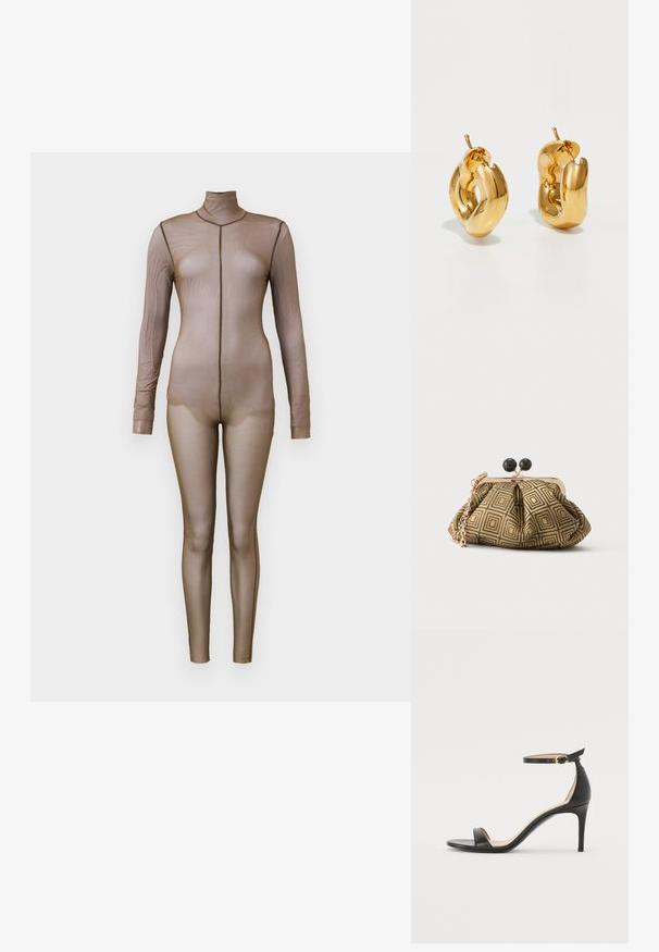 Bodysuit de malla marrón con mangas largas y cuello simulado. Presenta un diseño sin costuras con una silueta ajustada y un detalle de costura mínima.; Sándalo de tacón alto de piel negra con tiras en el tobillo. Presenta una textura suave, puntera abierta y un tacón delgado. Detalles de hebilla en tono dorado.; Pequeño bolso de mano con patrón geométrico en dorado y negro, marco metálico dorado, cierre de bola negro y una corta correa de cadena dorada.; Pendientes de aro grueso en oro con un diseño tubular ligeramente retorcido y cierre de presión, sobre un fondo blanco.