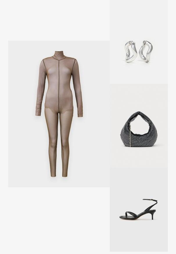 Bodysuit de malla marrón con mangas largas y cuello simulado. Presenta un diseño sin costuras con una silueta ajustada y un detalle de costura mínima.; Sandalia negra de cuero para mujer con tiras finas, un lazo para el dedo del pie, hebilla en el tobillo y tacón de aguja de altura media sobre un fondo neutro.; Bolso de malla negra adornado con tachuelas plateadas, con un asa curvada y una correa de cadena. Textura suave con forma redondeada.; Pendientes de aro plateados con un diseño retorcido. Bordes redondeados y acabado brillante. Cierres abiertos para un fácil uso. Textura suave en toda la superficie.
