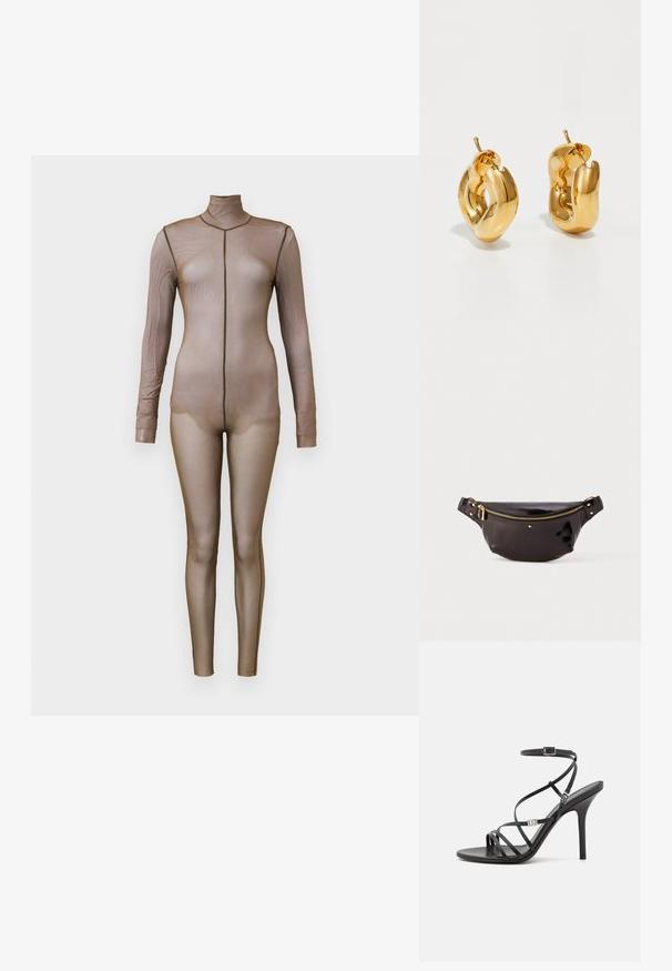 Bodysuit de malla marrón con mangas largas y cuello simulado. Presenta un diseño sin costuras con una silueta ajustada y un detalle de costura mínima.; Sándalo negro de tacón alto con tiras finas, hebilla en el tobillo, superficie de cuero suave y tacón de aguja esbelto.; Riñonera de piel negra y brillante con un diseño curvado, acento de cremallera dorada, correa ajustable y pequeños detalles decorativos.; Pendientes de aro grueso en oro con un diseño tubular ligeramente retorcido y cierre de presión, sobre un fondo blanco.