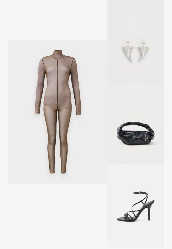 Bodysuit de malla marrón con mangas largas y cuello simulado. Presenta un diseño sin costuras con una silueta ajustada y un detalle de costura mínima.; Sándalo negro de tacón alto con tiras finas, hebilla en el tobillo, superficie de cuero suave y tacón de aguja esbelto.; Bolso negro hecho de un material brillante y texturizado con un asa circular retorcida y un cierre de cremallera. Presenta un diseño suave y arrugado.; Pendientes en forma de cuerno plateado, engastados con pequeñas piedras transparentes, que cuentan con un cierre trasero para su sujeción. Textura suave y acabado metálico.