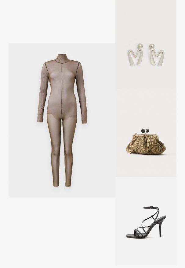 Bruine gaas bodysuit met lange mouwen en een hoge hals. Heeft een naadloos ontwerp met een aansluitende silhouet en minimale stikseldetails.; Zwarte hoge hakken sandaal met dunne banden, een enkelgesp, een gladleren oppervlak en een slanke stilettohak.; Kleine clutch tas met goud-zwart geometrisch patroon, goudkleurig metalen frame, zwarte bolsluiting en een korte gouden kettingband.; Paar zilverkleurige metalen oorbellen in de vorm van een hoekige letter M met afgeronde stekers op een witte achtergrond.