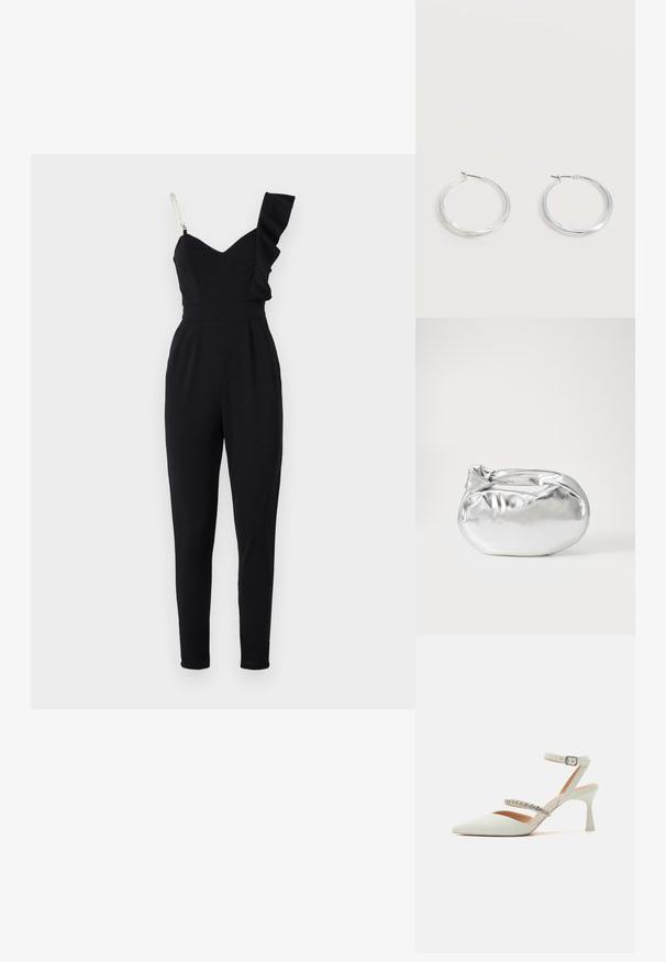 Sort jumpsuit med en flæse på den ene skulderstrop, skræddersyet pasform, smalle ben og struktureret liv. Har en tekstureret stof og en subtil glans.; Hvid spidse hæle med en slank ankelsløjfe. Har to klare, juvelbesatte stropper hen over fronten. Glat læderfinish.; Sølvmetallic pose med en blød, rund form og en knyttet lukning foroven. Fremstillet af glat faux lædermateriale.; Sølvfarvede metaloorringe med glat, let buet overflade og låsemekanisme på en ensfarvet hvid baggrund.