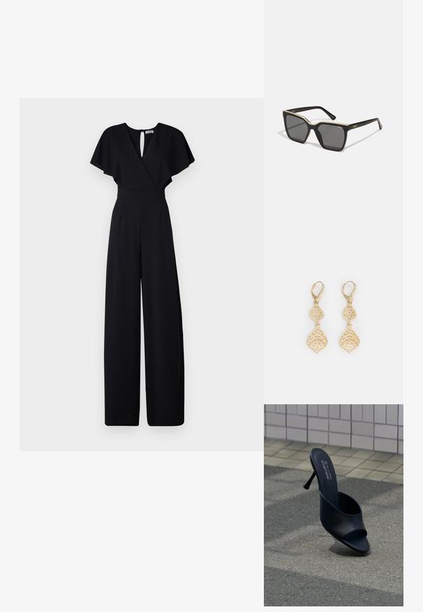 Sort jumpsuit med bred bendesign, korte flæseærmer og v-udskæring. Har en nøglehulslukning bagpå og en tætsiddende talje for et strømlinet look.; Sort mule med åben tå og slank høj hæl, placeret på asfalt nær en beige væg med firkantede fliser, med tekst på indersålen, der beskriver mærket og det veganske materiale.; Sorte solbriller med en tykk stel, guld accenter langs topkanten og mørke linser. Har runde hjørner og "QUAY" branding på stængerne.; Marchesa FILIGREE DROP - Øreringe - gold-coloured