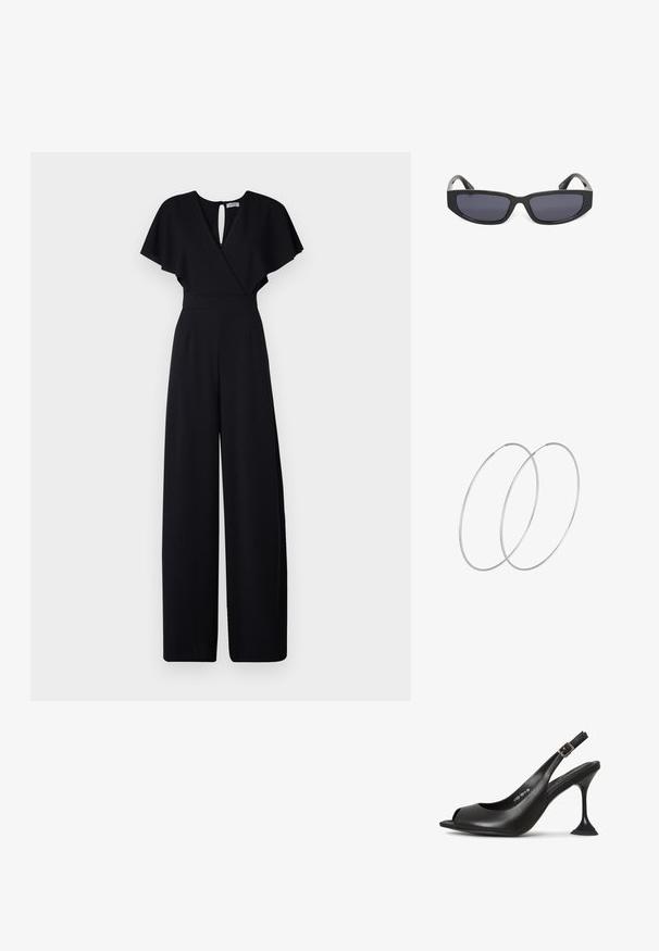 Sort jumpsuit med bred bendesign, korte flæseærmer og v-udskæring. Har en nøglehulslukning bagpå og en tætsiddende talje for et strømlinet look.; Sort læder slingback hæl med åben tå, spids form, smal hæl der udvider sig, og en firkantet base. Tekstureret overflade og spænde detaljer.; Sorte rektangulære solbriller med mørke tonede glas og tykke stel mod en hvid baggrund.; Sølvøreringe med et minimalistisk design. Cirkulær form, glat tekstur og tynd profil. Letvægtige med en poleret overflade.