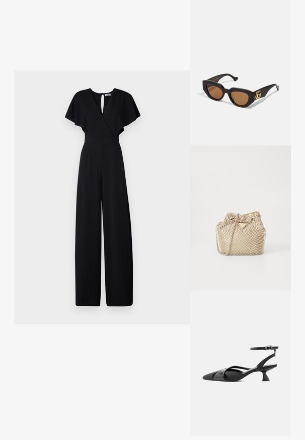 Schwarzer Jumpsuit mit weitem Bein-Design, kurzen, flatternden Ärmeln und einem V-Ausschnitt. Verfügt über einen Schlüsselhole-Rücken und eine taillierte Taille für einen eleganten Look.; Schwarzer Slingback-Kitty-Heel mit spitzer Spitze, dünnem Knöchelriemen und asymmetrischen Kreuzriemen vor weißem Hintergrund.; Sonnenbrille aus Schildpatt mit braunen Gläsern. Breite Cat-Eye-Form. Mit goldener GG-Logo-Seitenausstattung. Glattes Kunststoffmaterial mit glänzendem Finish.; Goldfarbene Netzhandtasche mit strukturiertem Design, ausgestattet mit einem Zugverschluss, einer Ketten-Tragriemen und einem dreieckigen Logo-Akzent auf der Vorderseite.