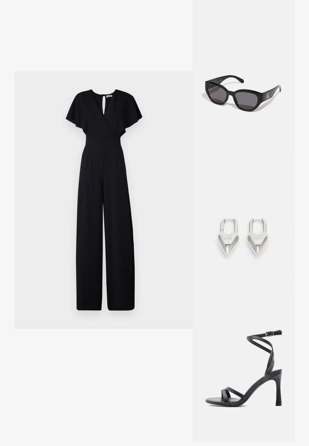 Sort jumpsuit med bred bendesign, korte flæseærmer og v-udskæring. Har en nøglehulslukning bagpå og en tætsiddende talje for et strømlinet look.; Sorte højhælede sandaler med et elegant design, der har to smalle remme hen over tåen og en krydsrem omkring anklen med en spænde.; Sorte solbriller med et strømlinet, vinklet design, mørke linser og et kontrasterende sølvlogo på siden. Glat plastoverflade.; Sølv hjerteformede hængelåse med indgraveret "JA" og "NEJ" tekst, poleret finish, symmetrisk design og en robust metalklap.