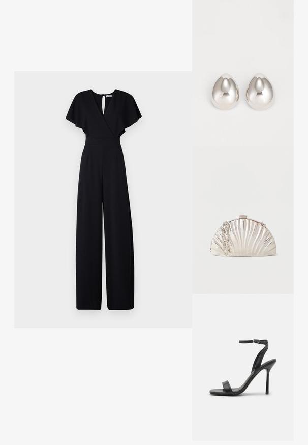 Mono negro con diseño de pierna ancha, mangas cortas con vuelo y escote en V. Cuenta con un cierre en la espalda en forma de ojo de cerradura y una cintura ajustada para un aspecto estilizado.; Sandalia negra de tacón alto con una correa delgada en el tobillo y dos bandas en la parte frontal. Hecha de cuero suave con una punta afilada y tacón de aguja.; Bolso de mano plateado metálico con forma de concha marina y una correa de cadena plateada colgada a un lado.; Pendientes de oreja metálicos plateados con un diseño suave y redondeado que recuerda a la forma de una gota, con una superficie reflectante y un acabado sin costuras.