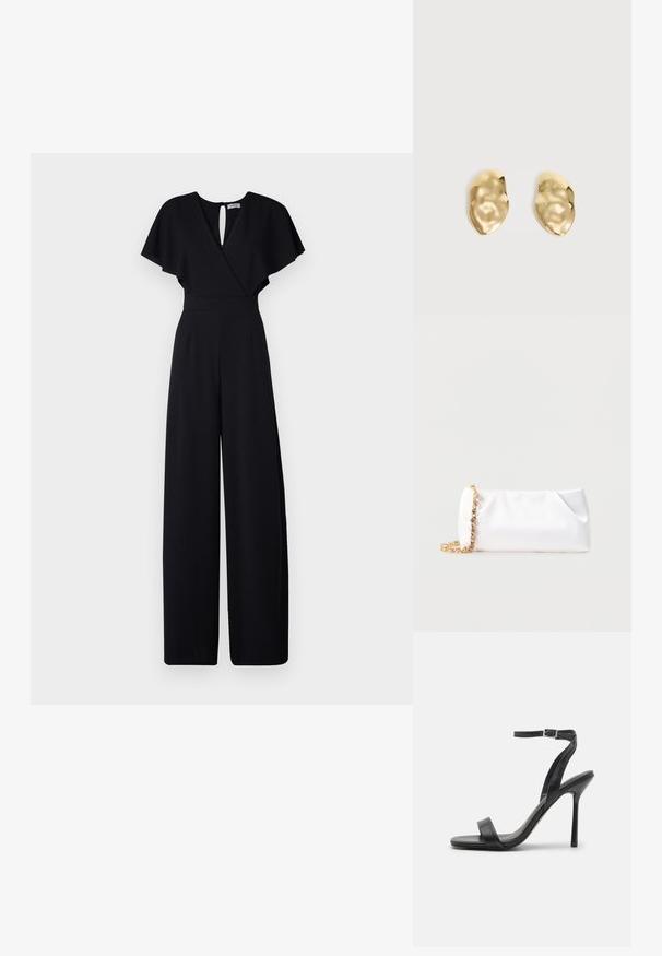 Mustmust mustriga disainiga must jumpsuit, lühikesed flirdilised varrukad ja V-kujuline kaelus. Omab võtmeaugu tagaosa ja pinguldatud taljet, et luua voolav välimus.; Mustad must kõrged kontsad, õhulise pahklöökrihma ja kahe esise riba salguga. Valmistatud siledast nahast, millel on elegantne terav varvas ja stiletokonts.; Valge pehme käekott kuldse kettiga, kaunistatud läbipaistvate vääriskividega, mille taustaks on helehall ühtlane pind.; Paari läikivaid, ebakorrapärase kujuga kuldse metalliga kõrvarõngaid kortsus, sileda pinnaga tavalise heleda taustal.