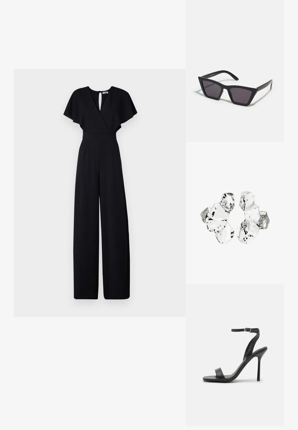 Sort jumpsuit med bred bendesign, korte flæseærmer og v-udskæring. Har en nøglehulslukning bagpå og en tætsiddende talje for et strømlinet look.; Sort højhælet sandal med en slank ankelrem og to forreste bånd. Lavet af glat læder med en slank spids tå og stilettohæl.; Sorte, kantede solbriller med grå linser; lavet af plast, med tykke stænger med en glat overflade og ingen synlig hardware.; Klynge af seks uregelmæssigt formede, gennemsigtige og reflekterende glaslignende stykker arrangeret på en hvid baggrund.