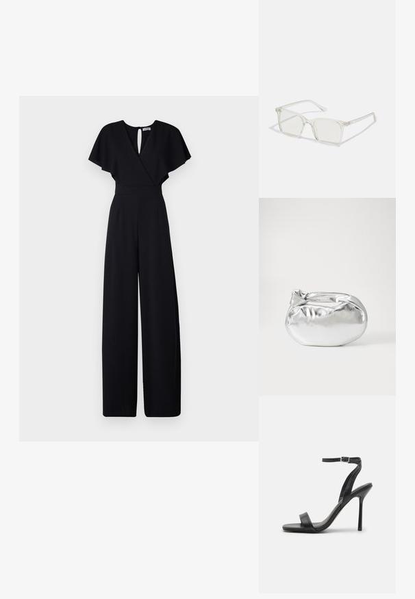 Sort jumpsuit med bred bendesign, korte flæseærmer og v-udskæring. Har en nøglehulslukning bagpå og en tætsiddende talje for et strømlinet look.; Sort højhælet sandal med en slank ankelrem og to forreste bånd. Lavet af glat læder med en slank spids tå og stilettohæl.; Klare plastiske briller med firkantet ramme og gennemsigtige linser, der har guld accenter på tempelstængerne for ekstra detaljer.; Sølvmetallic pose med en blød, rund form og en knyttet lukning foroven. Fremstillet af glat faux lædermateriale.