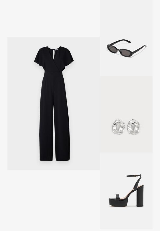 Mono negro con diseño de pierna ancha, mangas cortas con vuelo y escote en V. Cuenta con un cierre en la espalda en forma de ojo de cerradura y una cintura ajustada para un aspecto estilizado.; Sandalia de plataforma negra de tacón alto con una amplia tira en la parte delantera, tira en el tobillo y un tacón ancho. Textura de cuero suave, diseño minimalista.; Even&Odd by Zalando Gafas de sol - black; Pendientes de studs en forma abstracta de plata con un acabado pulido, que presentan curvas suaves y contornos sutiles. Sin patrones o acentos visibles.
